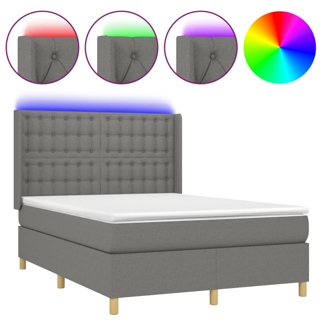 Box spring postelja z vzmetnico LED temno siva 140x190 cm blago