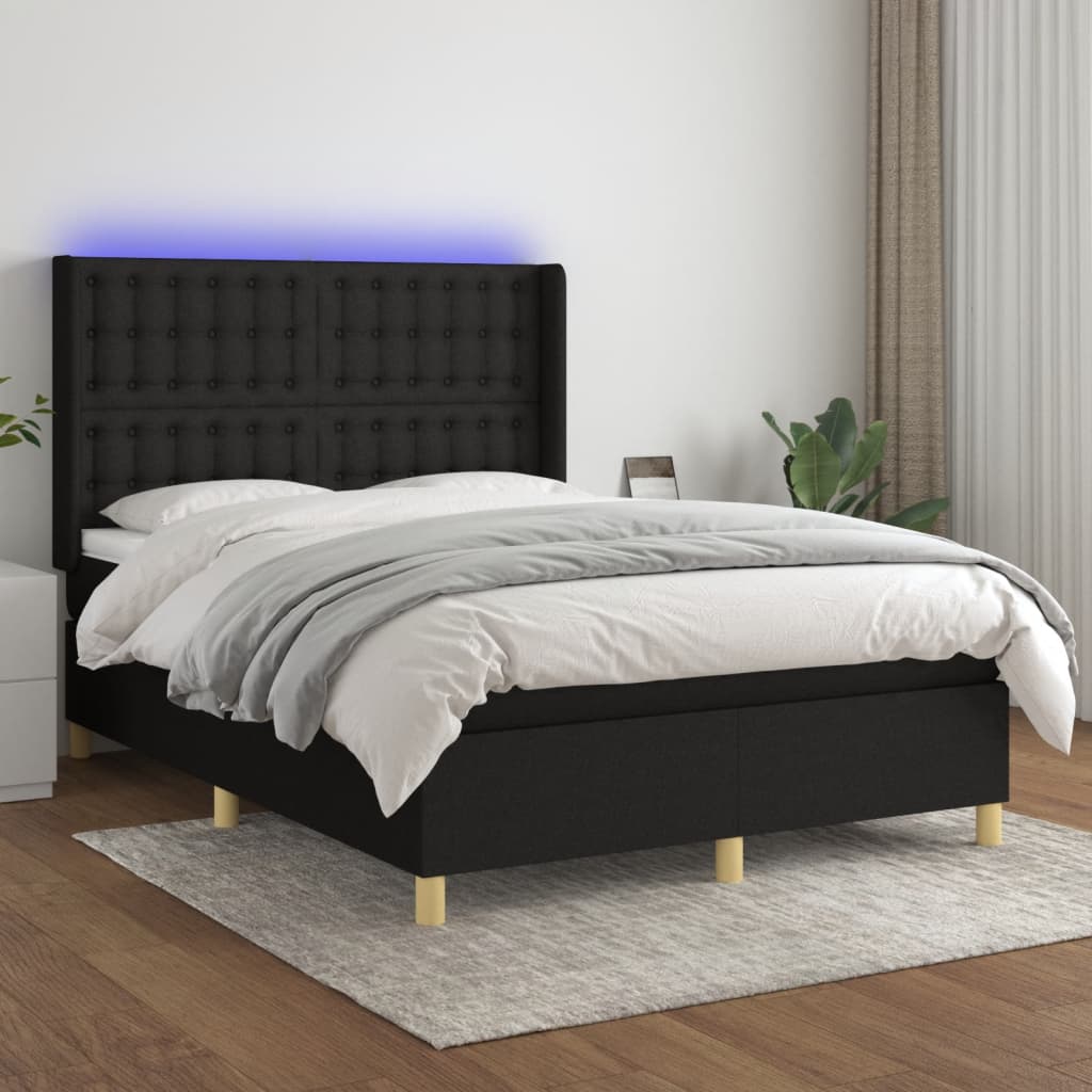 vidaXL Pat cu arcuri, saltea și LED, negru, 140x190 cm, textil