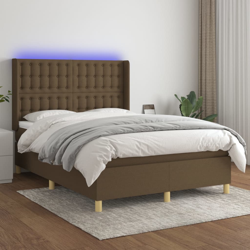 vidaXL Boxspringbett mit Matratze & LED Dunkelbraun 140x190 cm Stoff