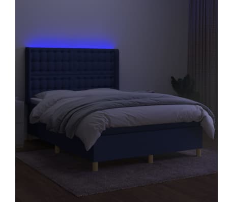 vidaXL Cama box spring c/ colch&atilde;o e LED 140x190 cm tecido azul