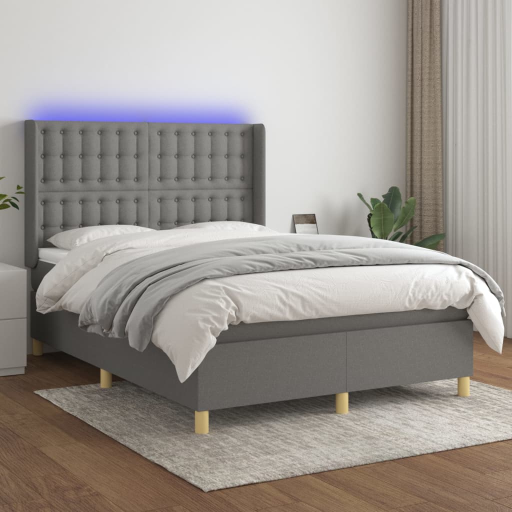 vidaXL Boxspringbett mit Matratze & LED Dunkelgrau 140x200 cm Stoff