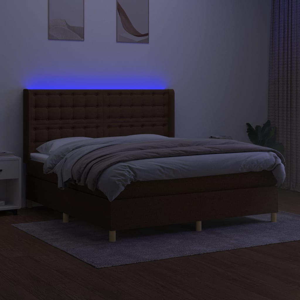 vidaXL Boxspring met matras en LED stof donkerbruin 180x200 cm afbeelding