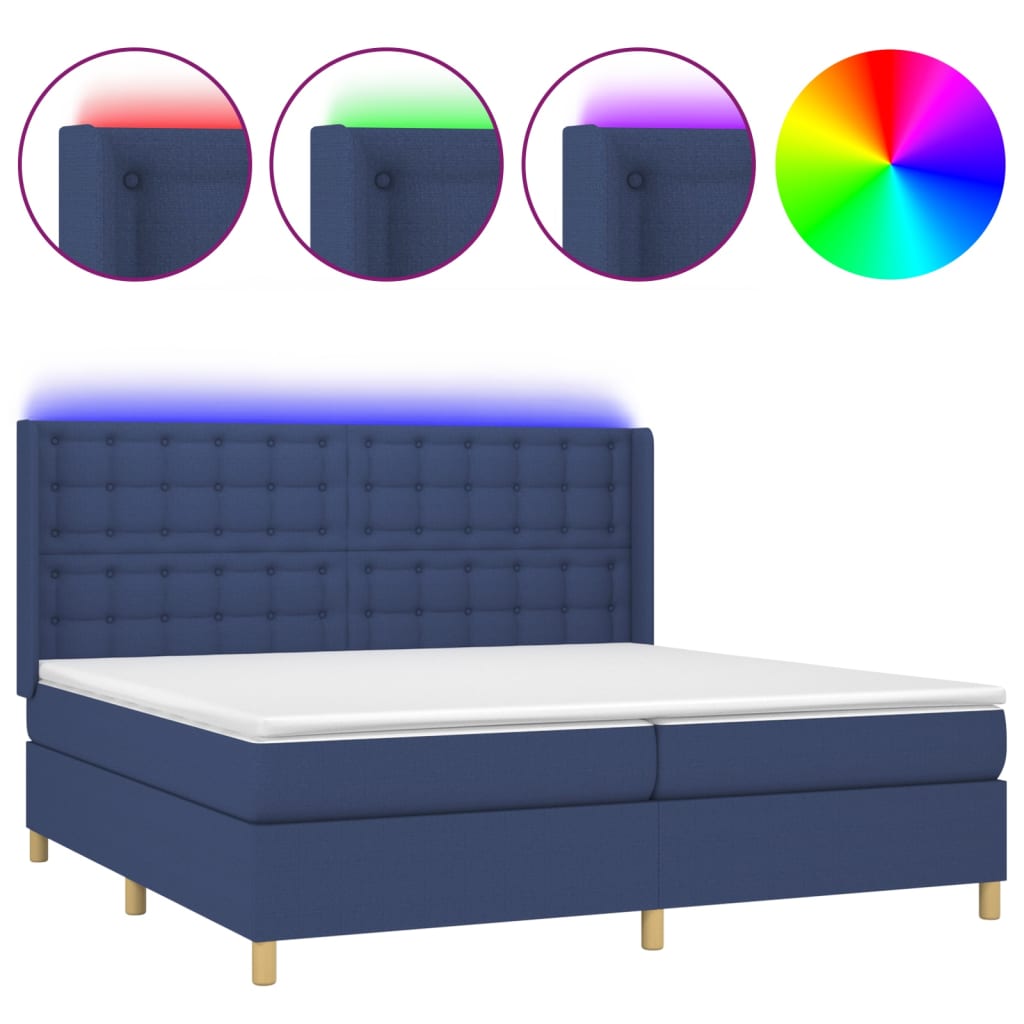 vidaXL Box spring postel s matrací a LED modrá 200x200 cm textil