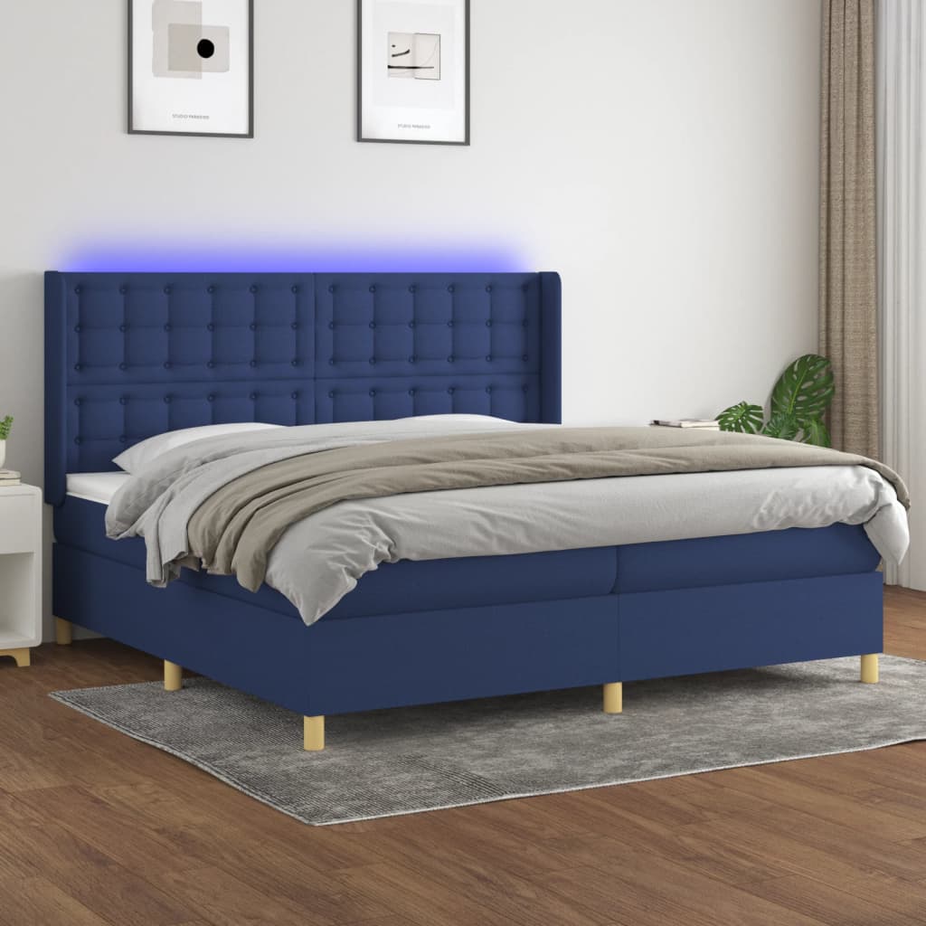 Box spring postel s matrací a LED modrá 200x200 cm textil