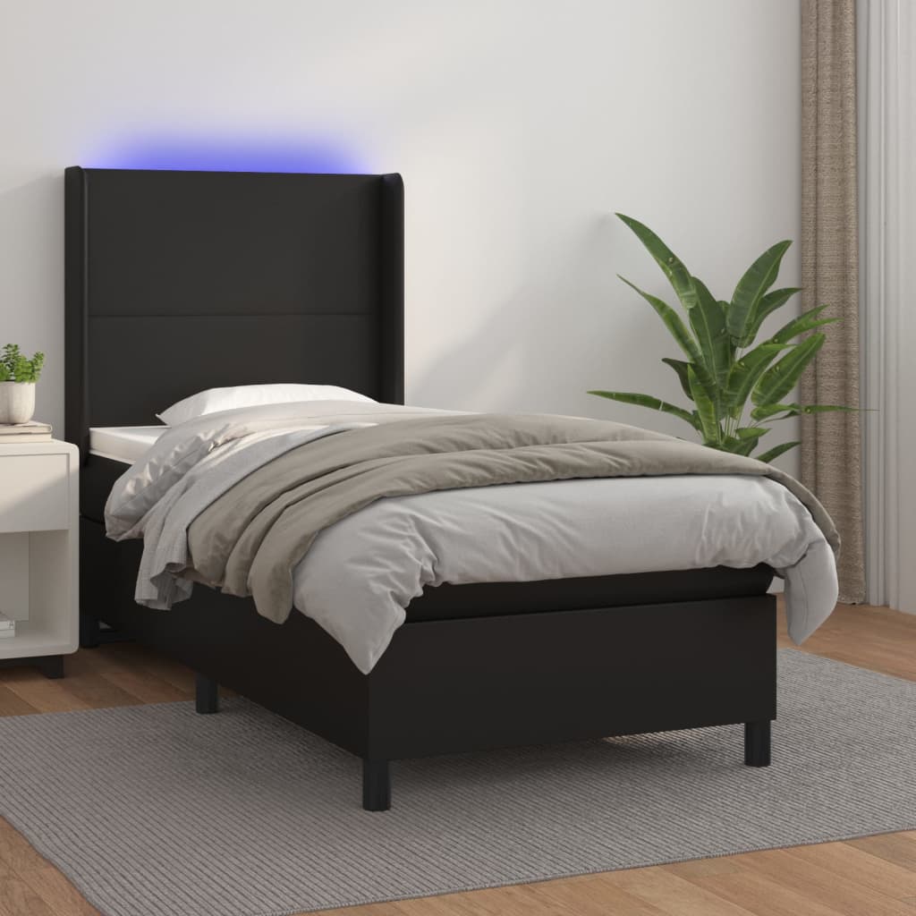 Pat continental cu saltea & LED, negru, 80x200 cm, piele eco