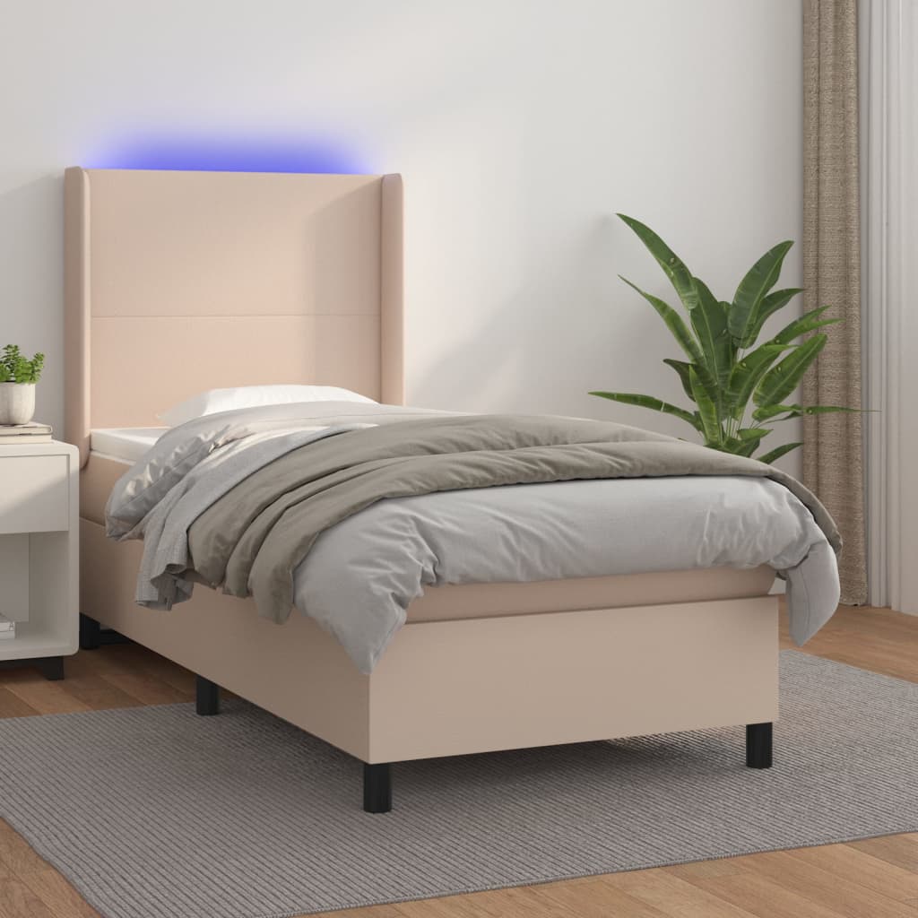 Box spring postel matrace a LED cappuccino 80x200 cm umělá kůže