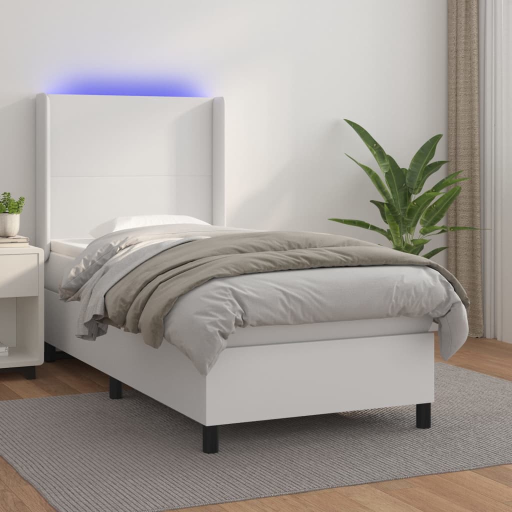 Box spring postel s matrací a LED bílá 90x190 cm umělá kůže