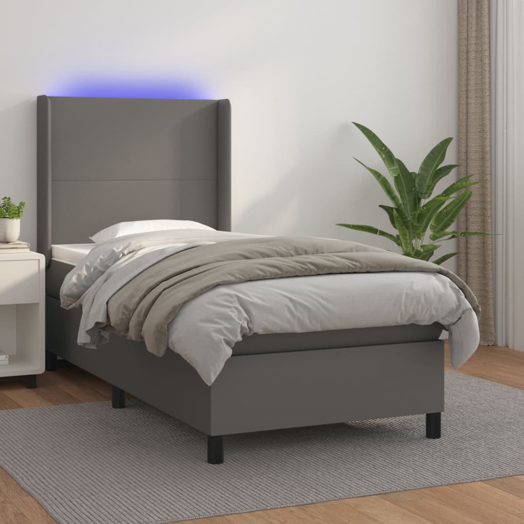 Boxspringbett mit Matratze & LED Grau 90×190 cm Kunstleder