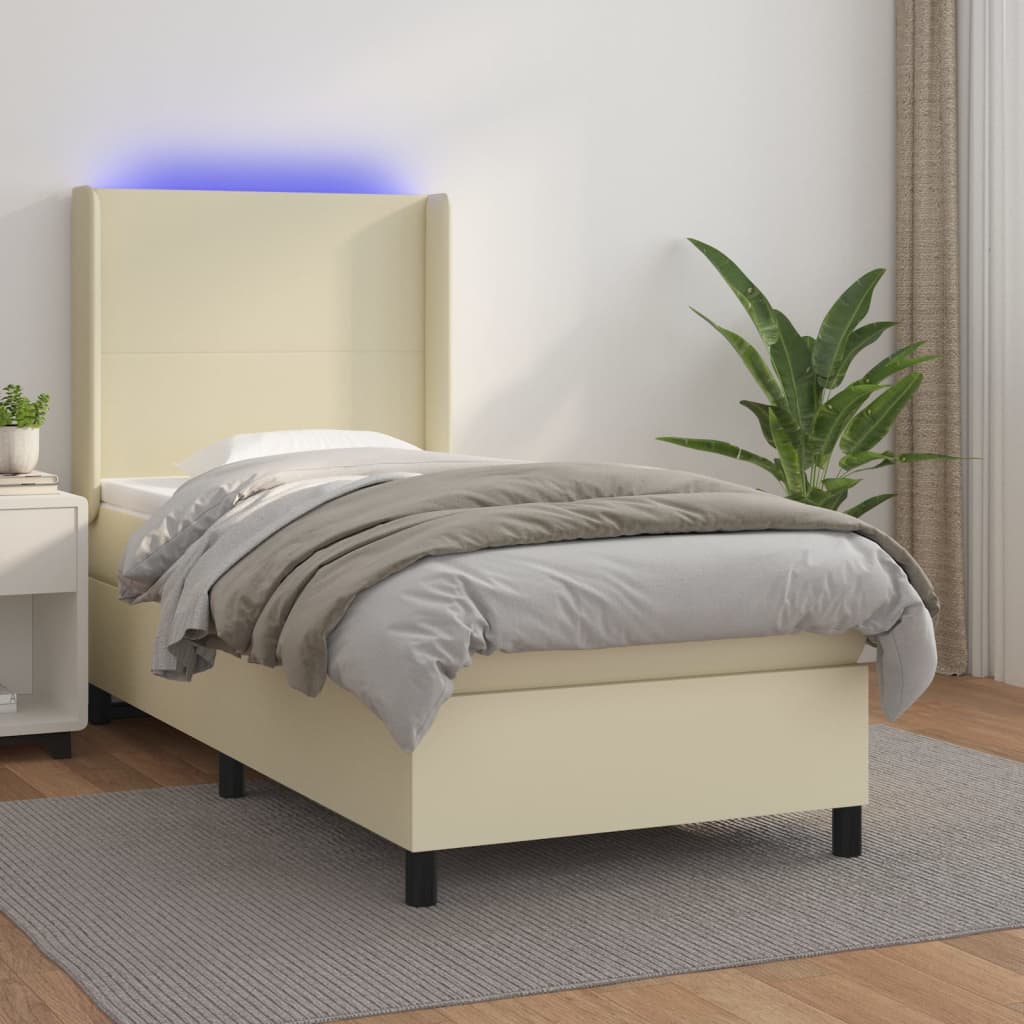 vidaXL Pat cu arcuri, saltea și LED, crem, 90x200 cm, piele ecologică
