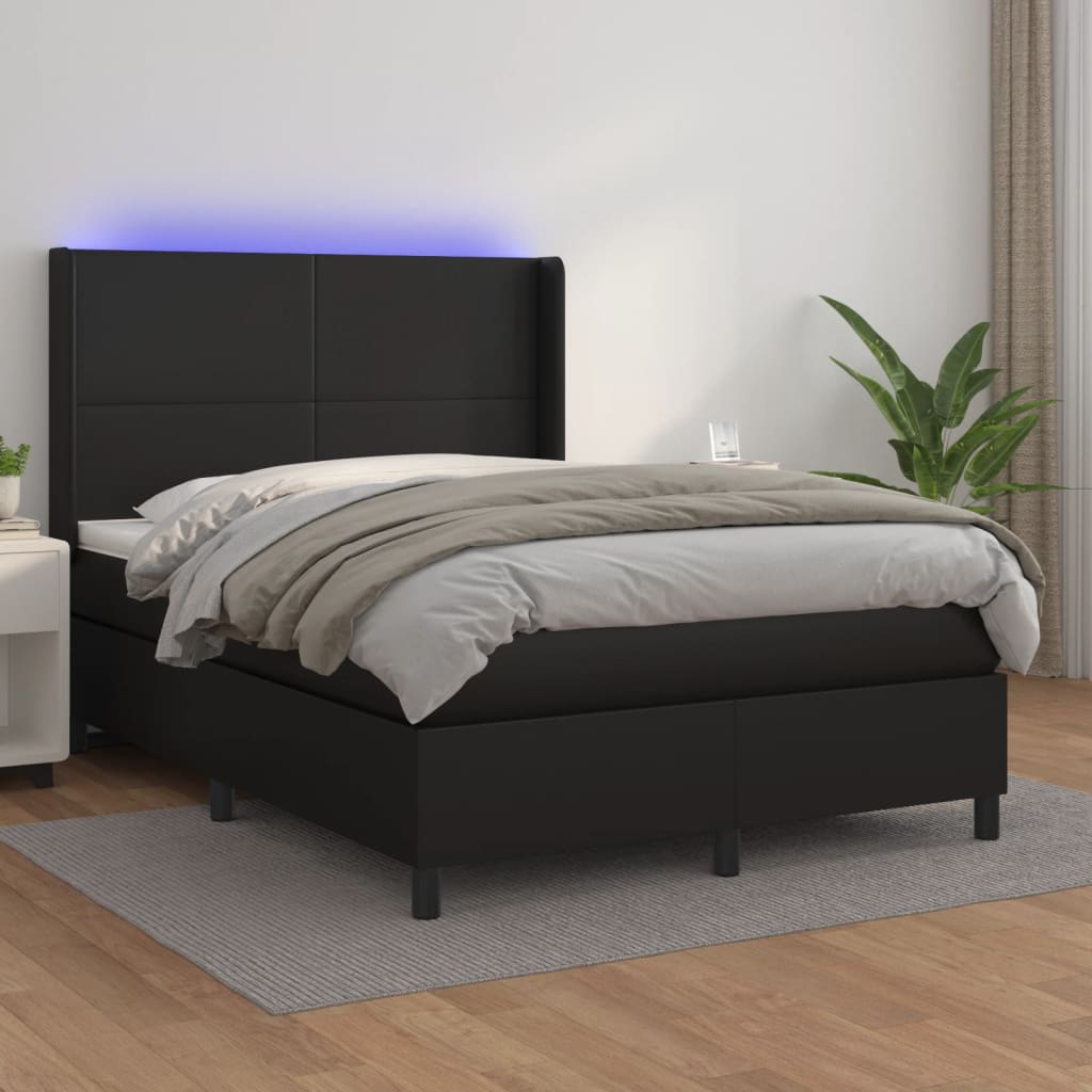 vidaXL Pat continental cu saltea & LED, negru, 140x190 cm, piele eco