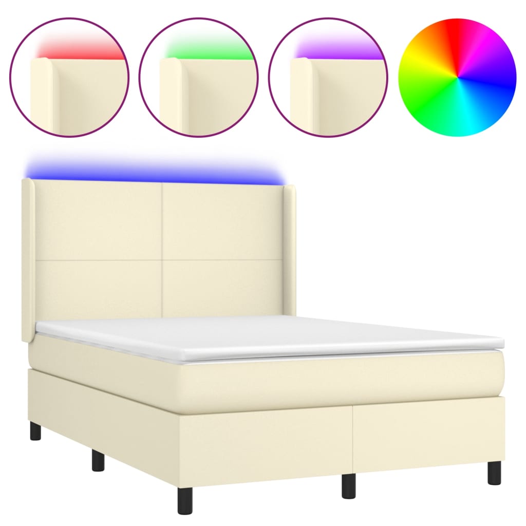 vidaXL Boxspring met matras en LED kunstleer crèmekleurig 140x190 cm, foto 3