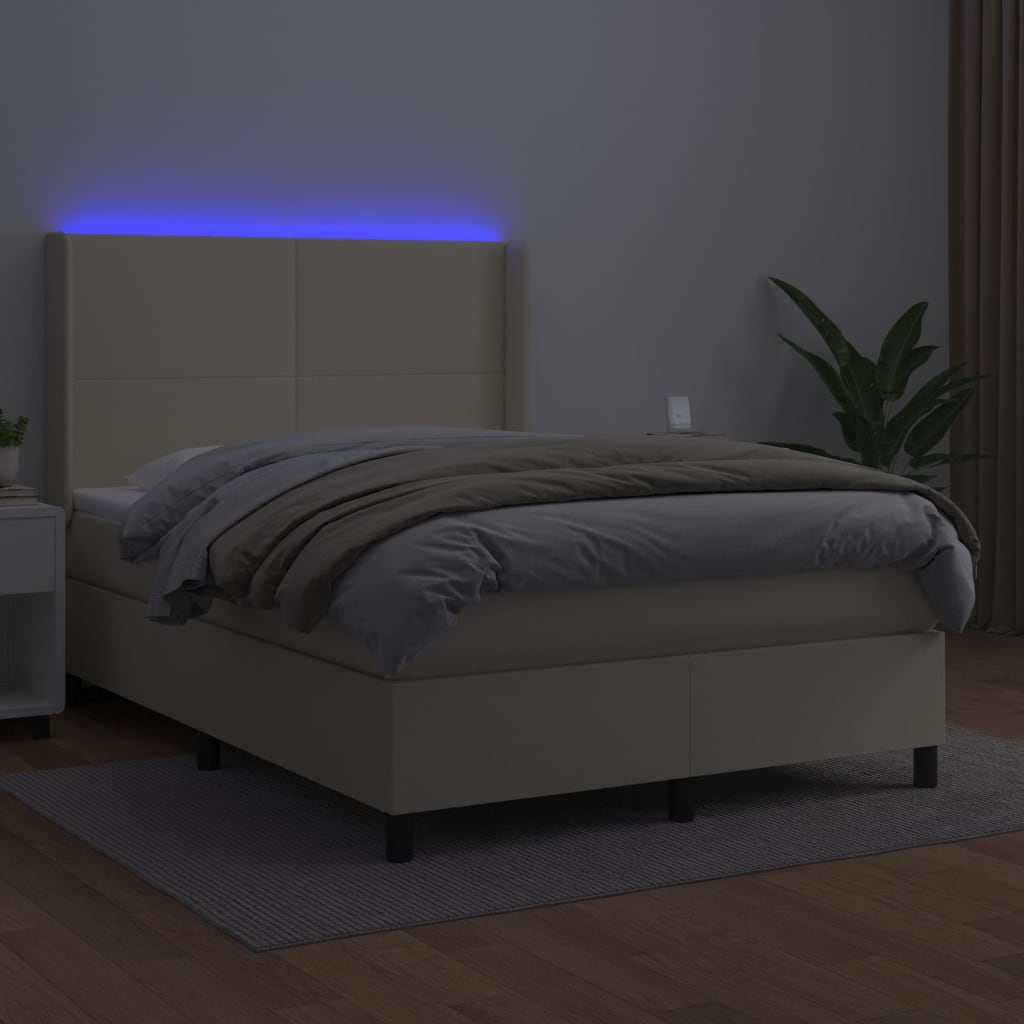 vidaXL Boxspring met matras en LED kunstleer crèmekleurig 140x190 cm, foto 2