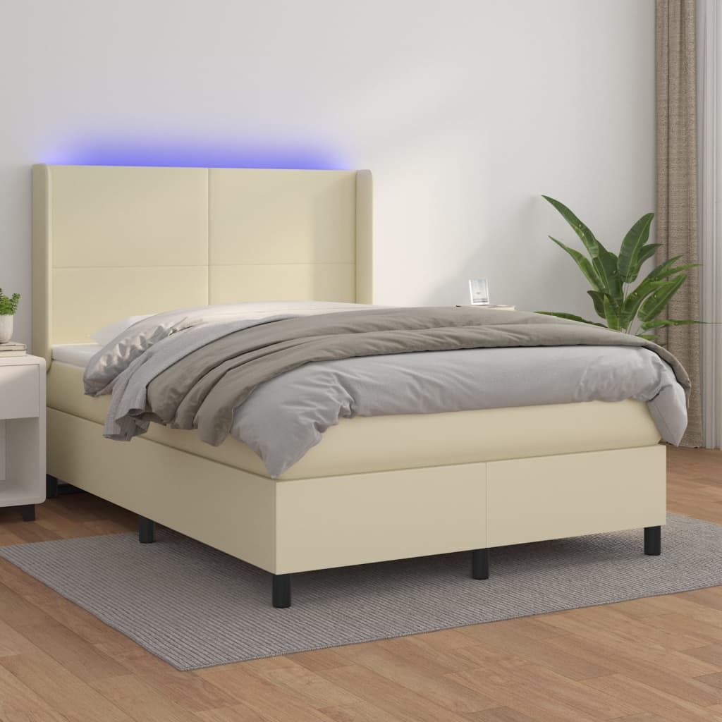 Box spring postel s matrací a LED krémová 140x190 cm umělá kůže