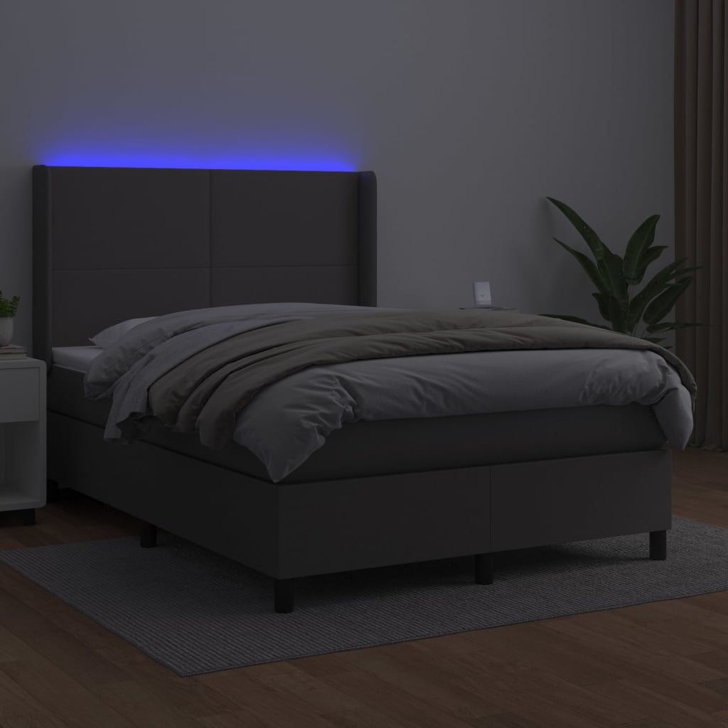 vidaXL Boxspring met matras en LED kunstleer grijs 140x190 cm