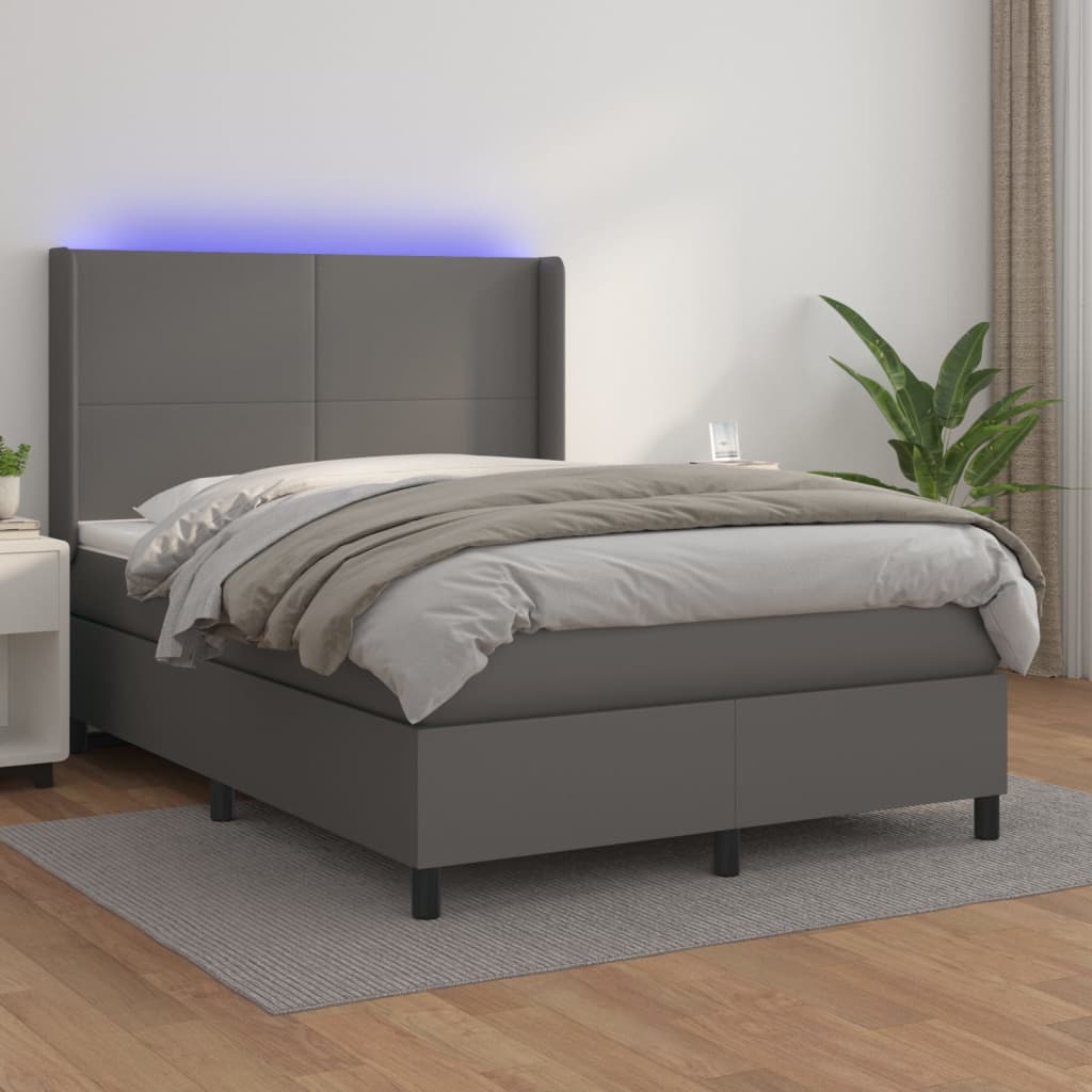 Box spring postel s matrací a LED šedá 140x190 cm umělá kůže
