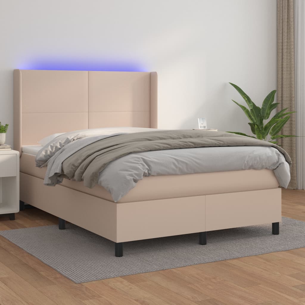 vidaXL Pat box spring cu saltea, cappuccino, 140x190cm piele ecologică