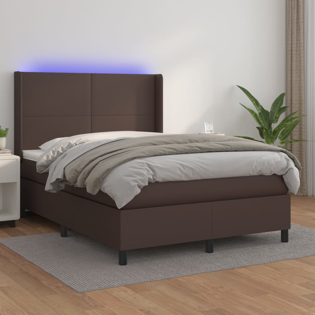 Box spring postel s matrací a LED hnědá 140x200 cm umělá kůže