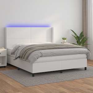 Box spring postelja z vzmetnico LED bela 160x200cm umetno usnje