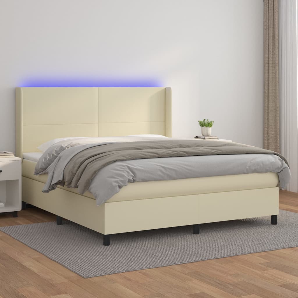 vidaXL Pat cu arcuri, cu saltea și LED, crem, 160x200 cm, piele eco