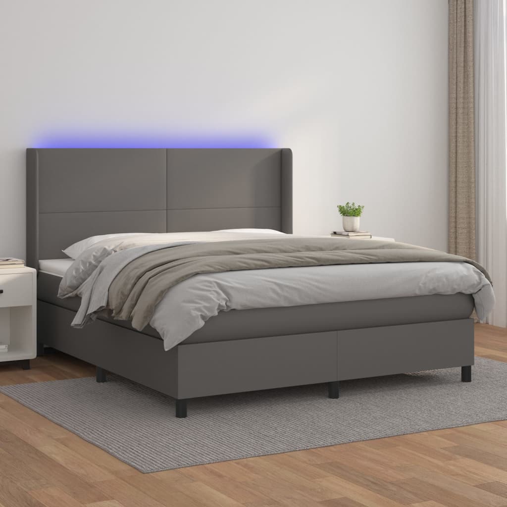 vidaXL Pat cu arcuri, cu saltea și LED, gri, 160x200 cm, piele eco