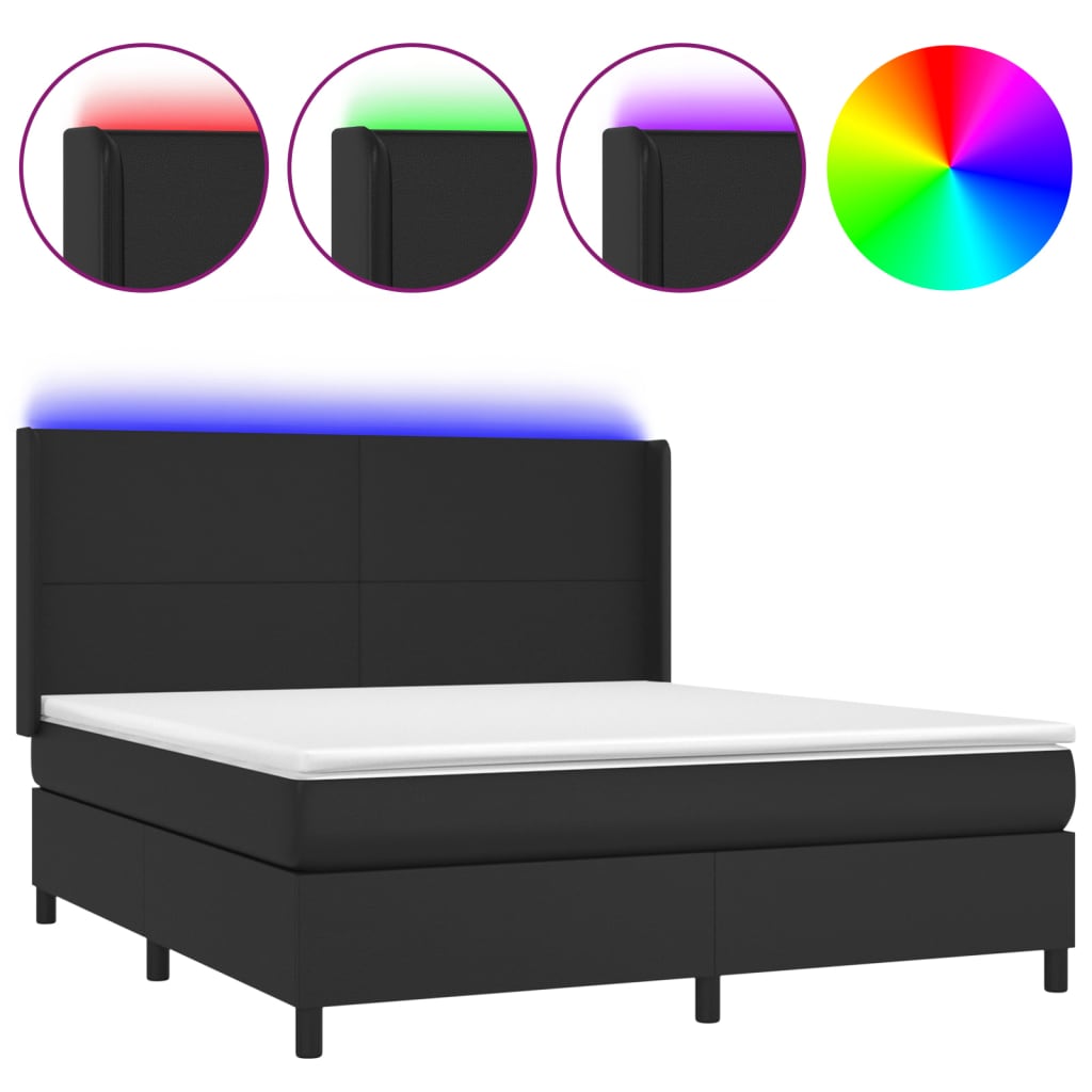 vidaXL Box spring postelja z vzmetnico LED črna 180x200cm umetno usnje