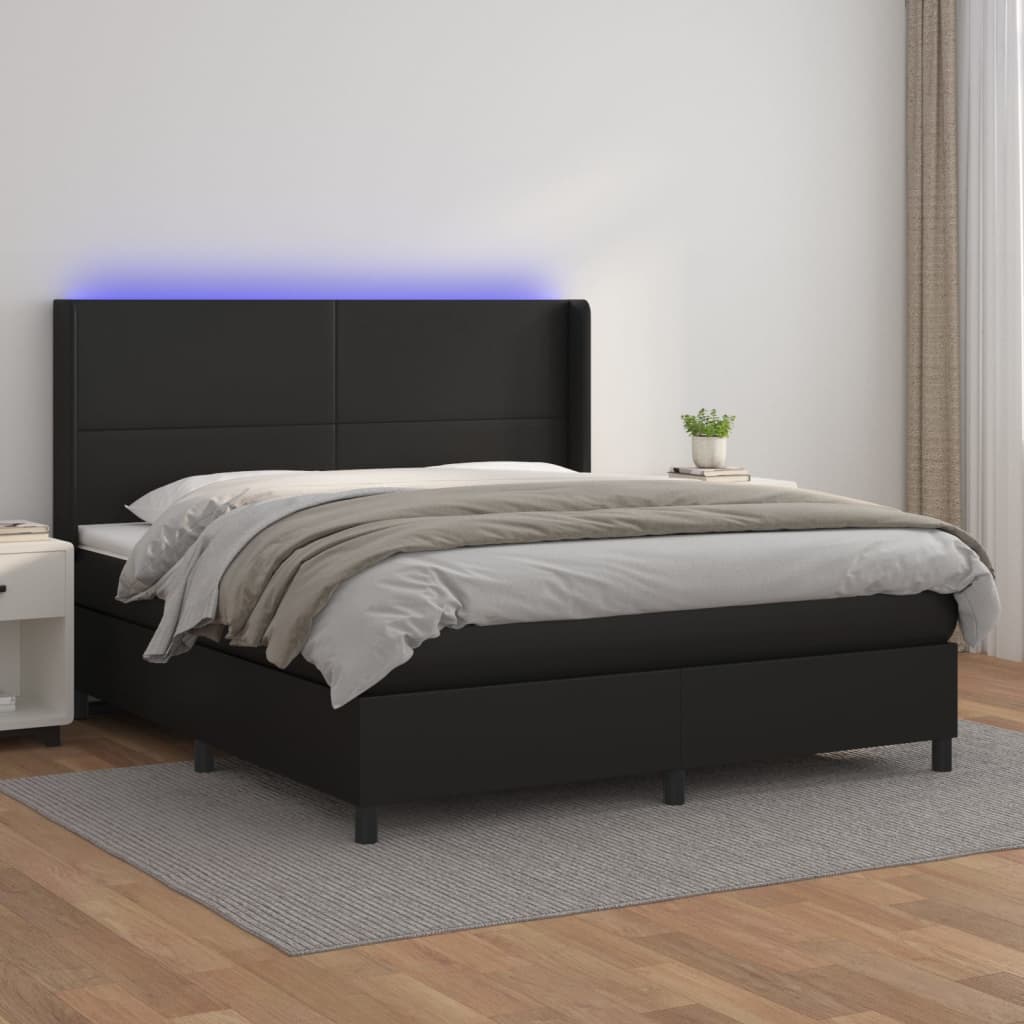 vidaXL Pat cu arcuri, saltea și LED, negru, 180x200cm, piele ecologică 180x200cm imagine noua