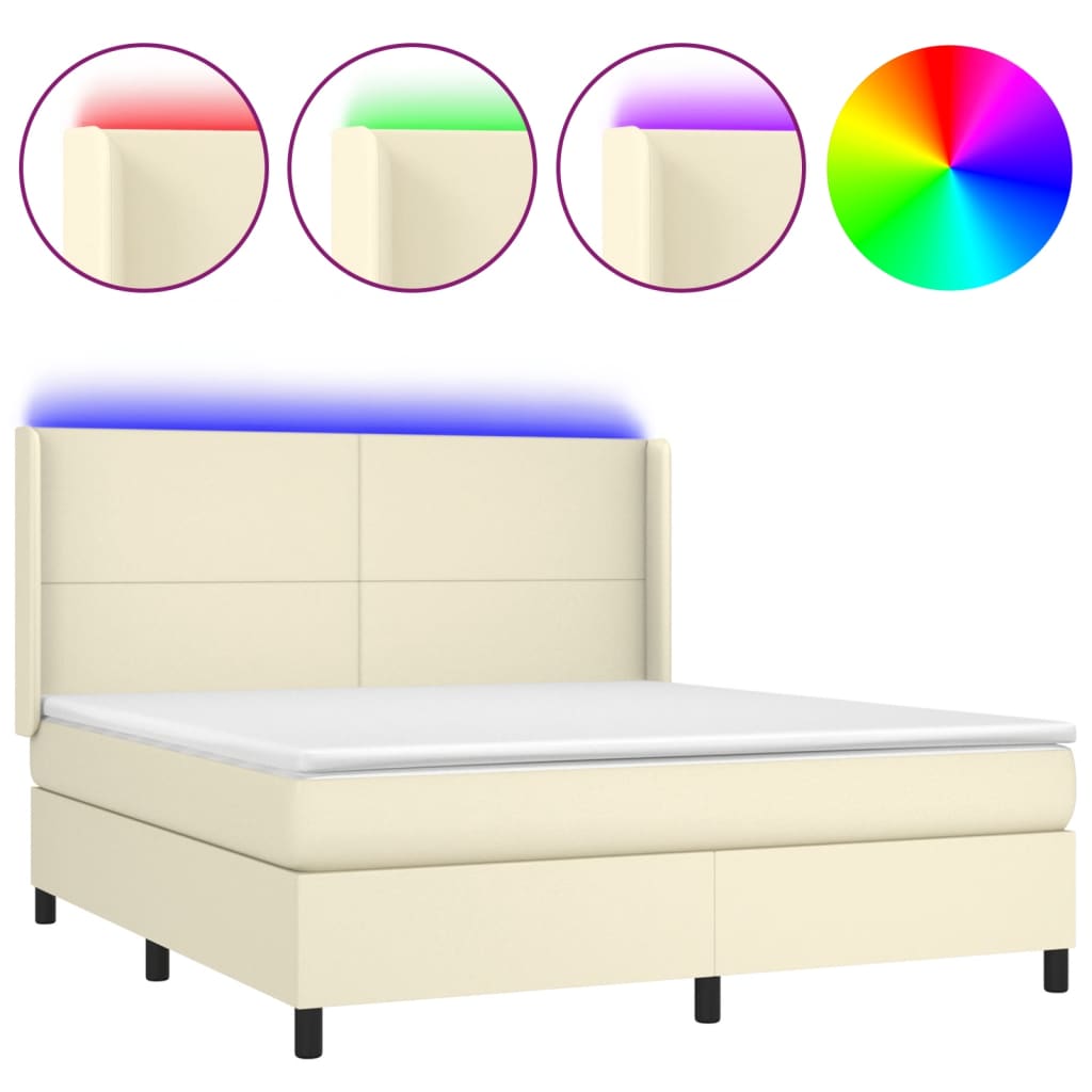 vidaXL Boxspring met matras en LED kunstleer crèmekleurig 180x200 cm, foto 3