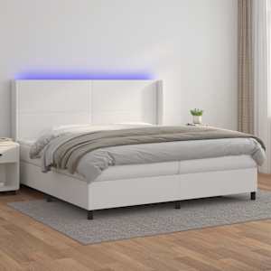 Box spring postelja z vzmetnico LED bela 200x200cm umetno usnje
