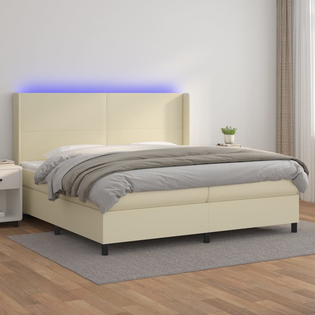 vidaXL Pat cu arcuri, saltea și LED, crem, 200x200 cm, piele ecologică