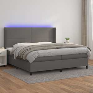 Box spring postelja z vzmetnico LED siva 200x200cm umetno usnje