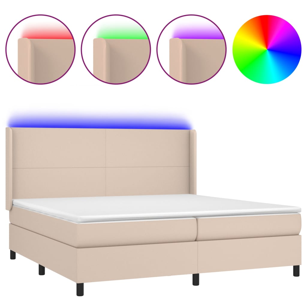 vidaXL Box spring postelja vzmetnico LED kapučino 200x200 cm um. usnje