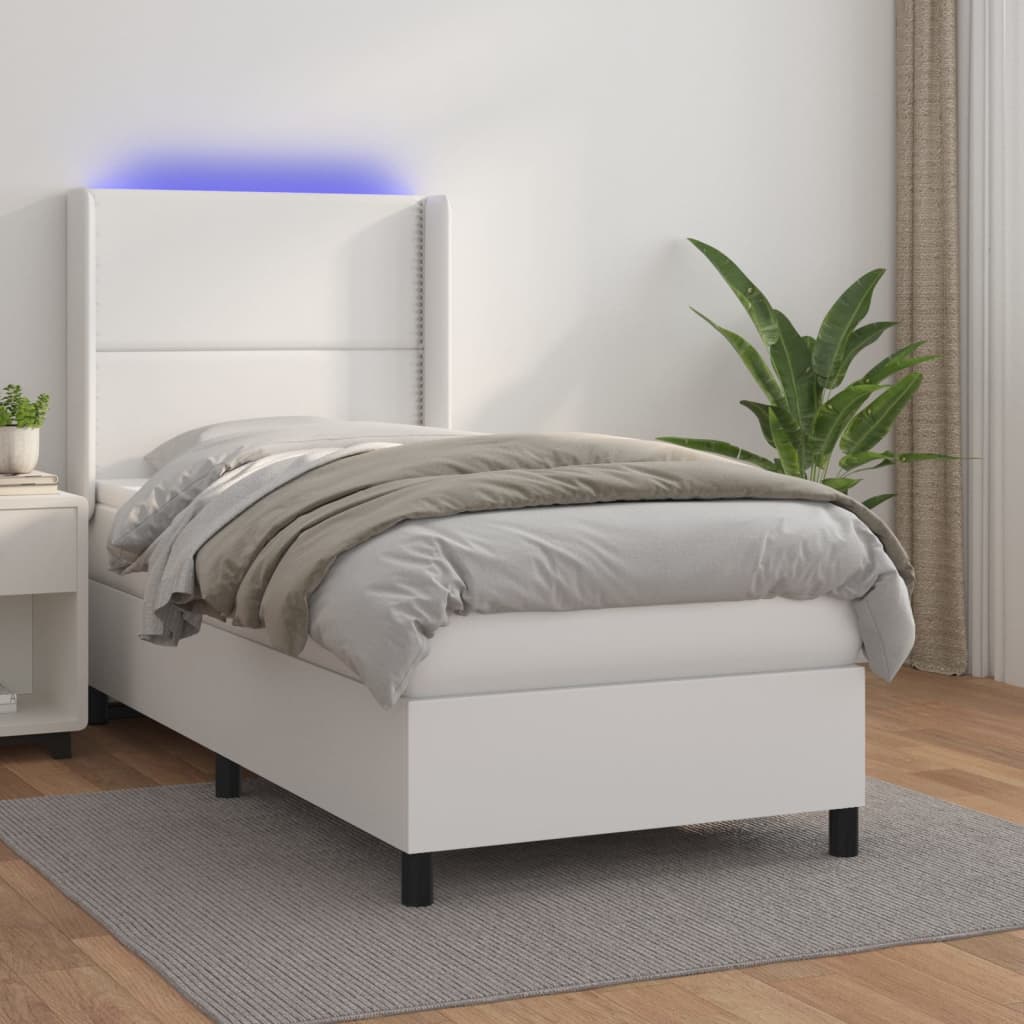 Box spring postel s matrací a LED bílá 90x200 cm umělá kůže