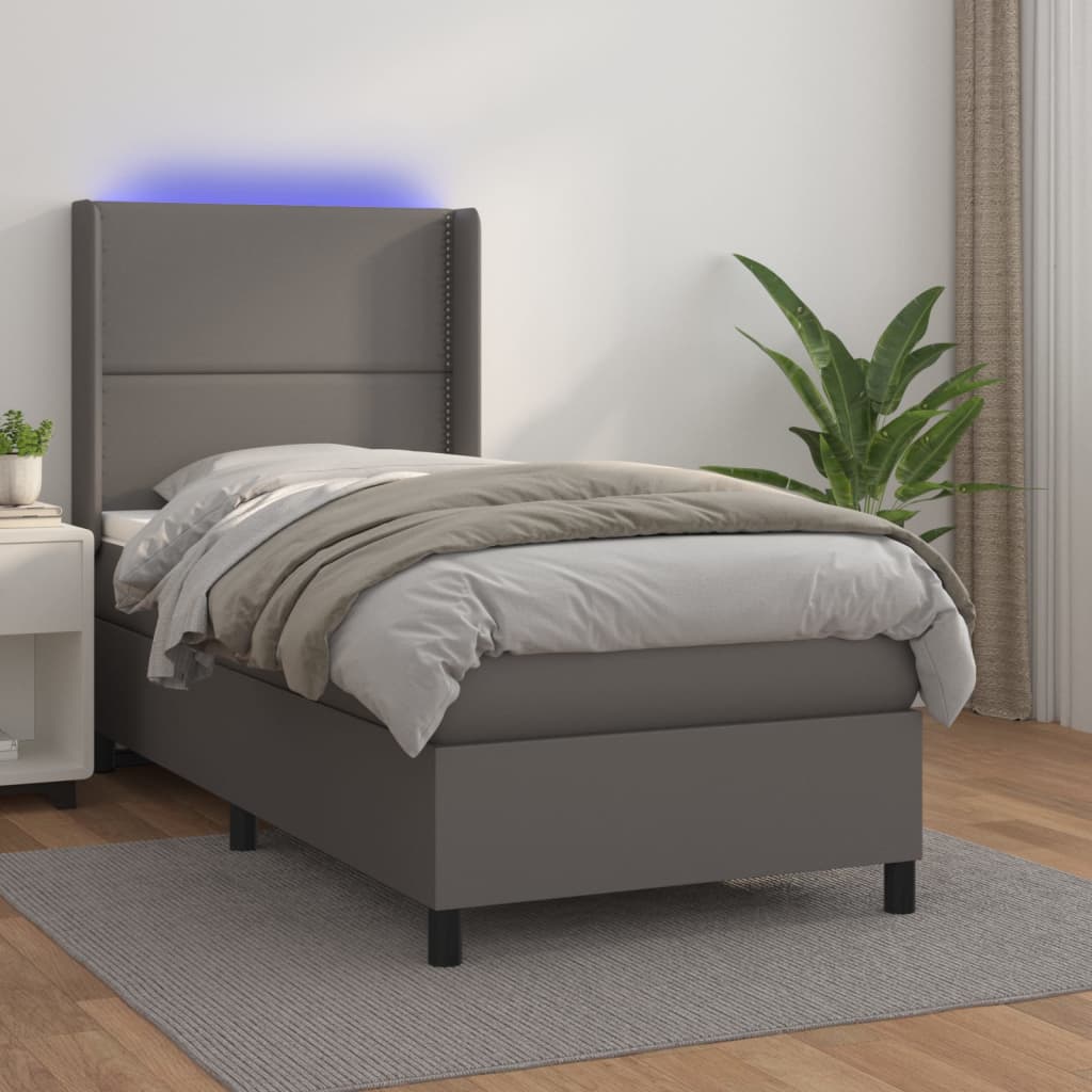 Box spring postel s matrací a LED šedá 90x200 cm umělá kůže