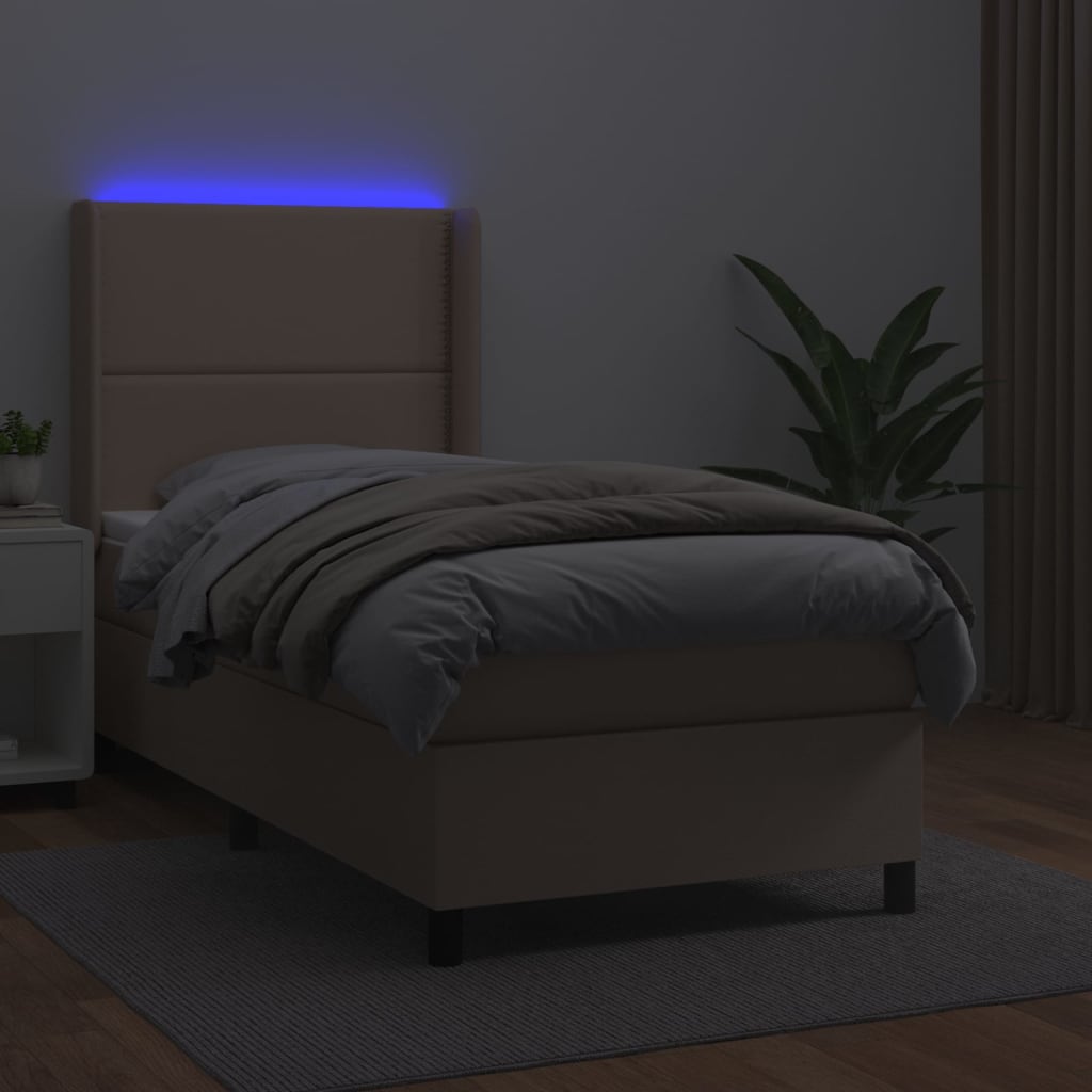 Box spring postel matrace a LED cappuccino 90x200 cm umělá kůže