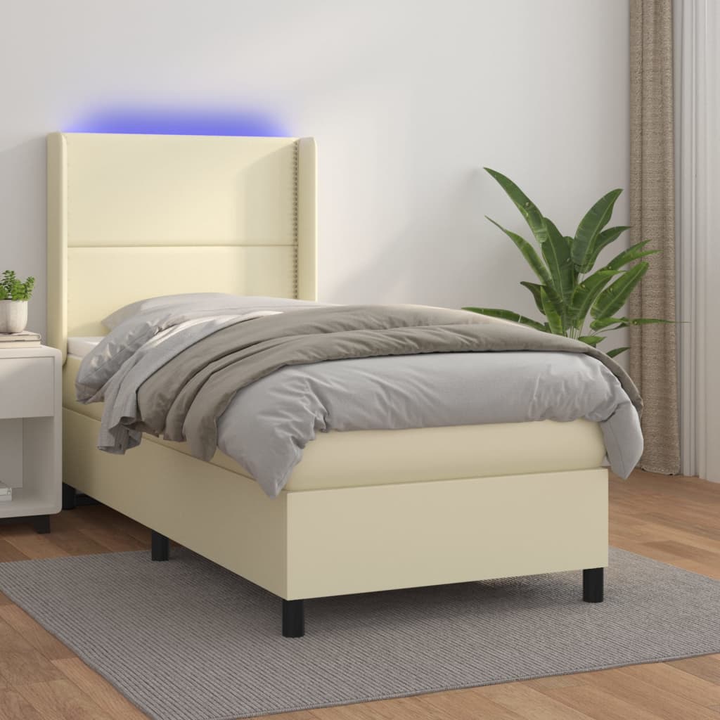 Sommier tapissier et matelas et LED Crème 100x200 cm Similicuir