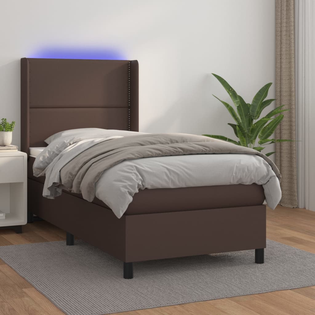 Sommier tapissier et matelas et LED Marron 100x200cm Similicuir