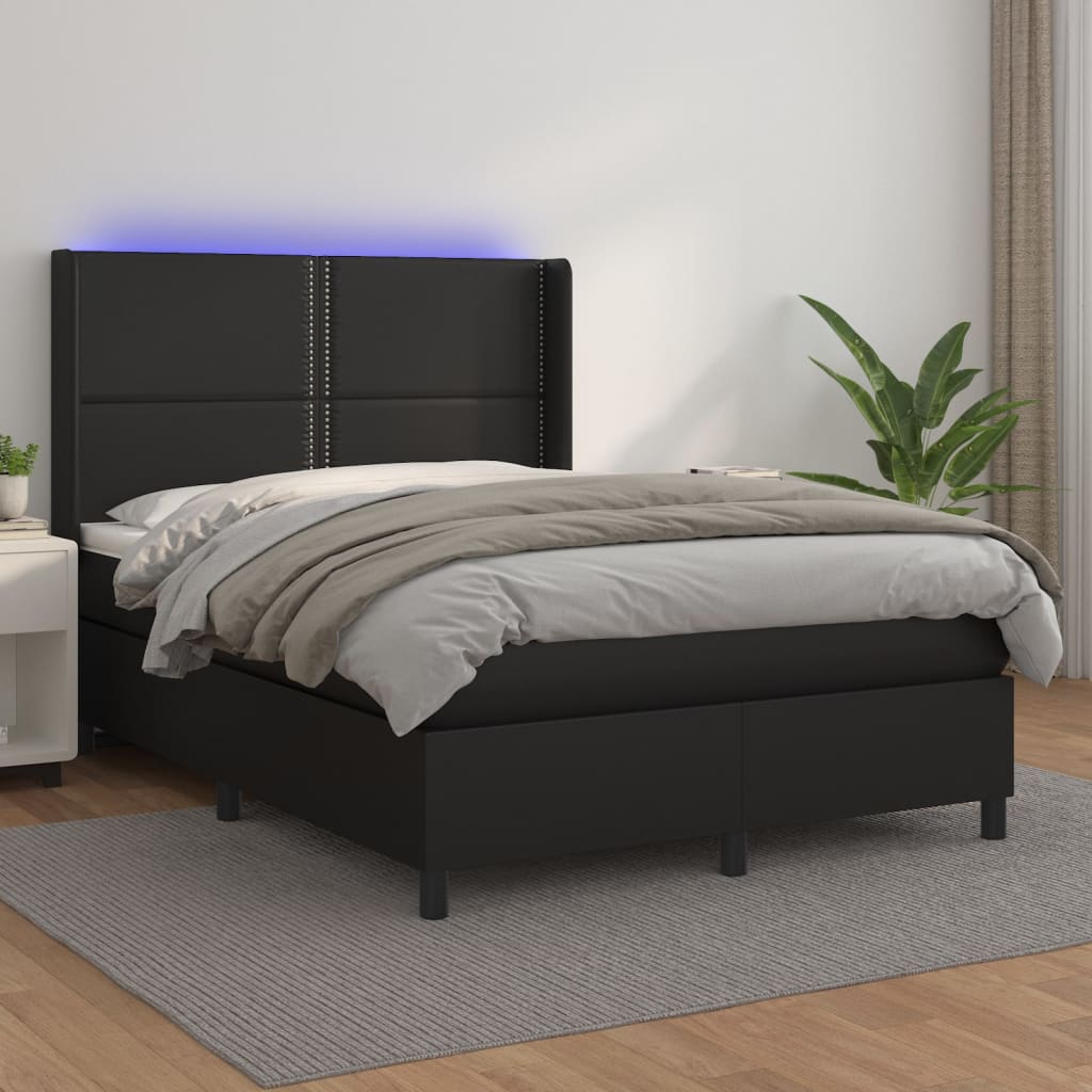 Box spring postel s matrací a LED černá 140 x 190 cm umělá kůže
