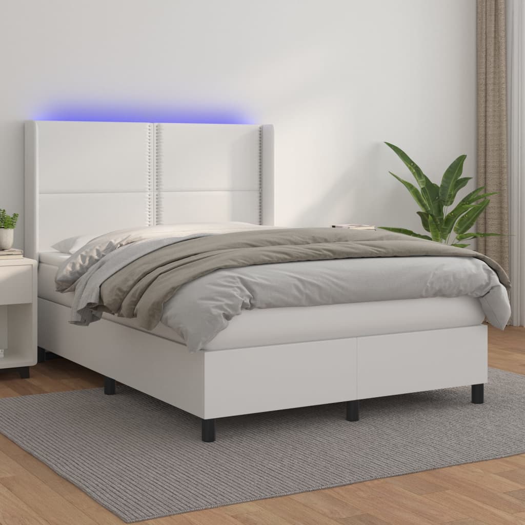 vidaXL Pat box spring cu saltea, alb, 140x190 cm, piele ecologică