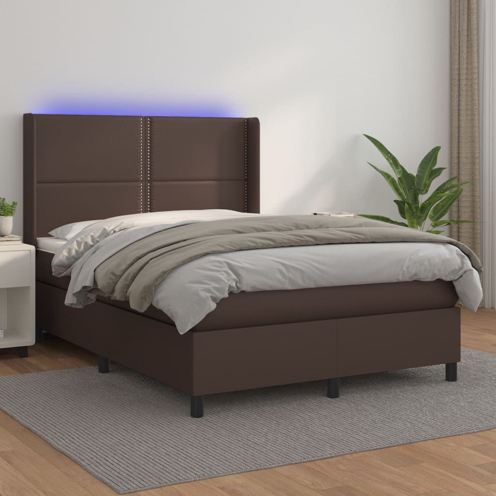 Box spring postel s matrací a LED hnědá 140x190 cm umělá kůže