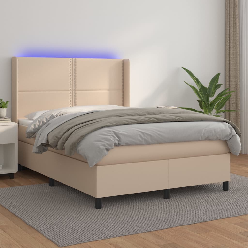 Box spring postel matrace a LED cappuccino 140x200cm umělá kůže