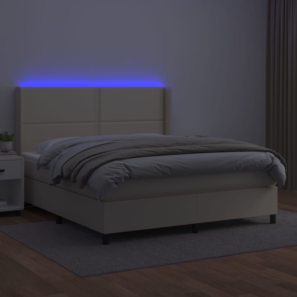 Box spring postel s matrací a LED krémová 160x200 cm umělá kůže