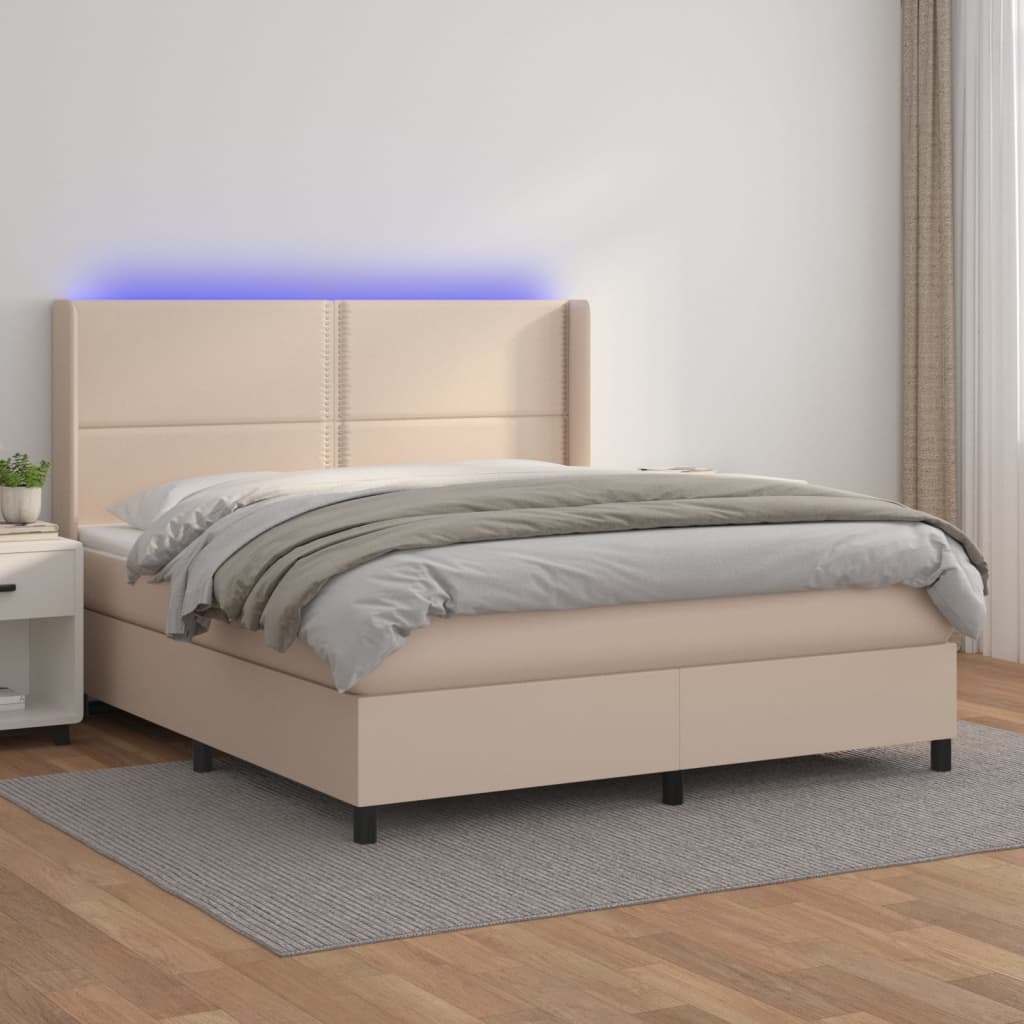 Box spring postel matrace a LED cappuccino 160x200cm umělá kůže