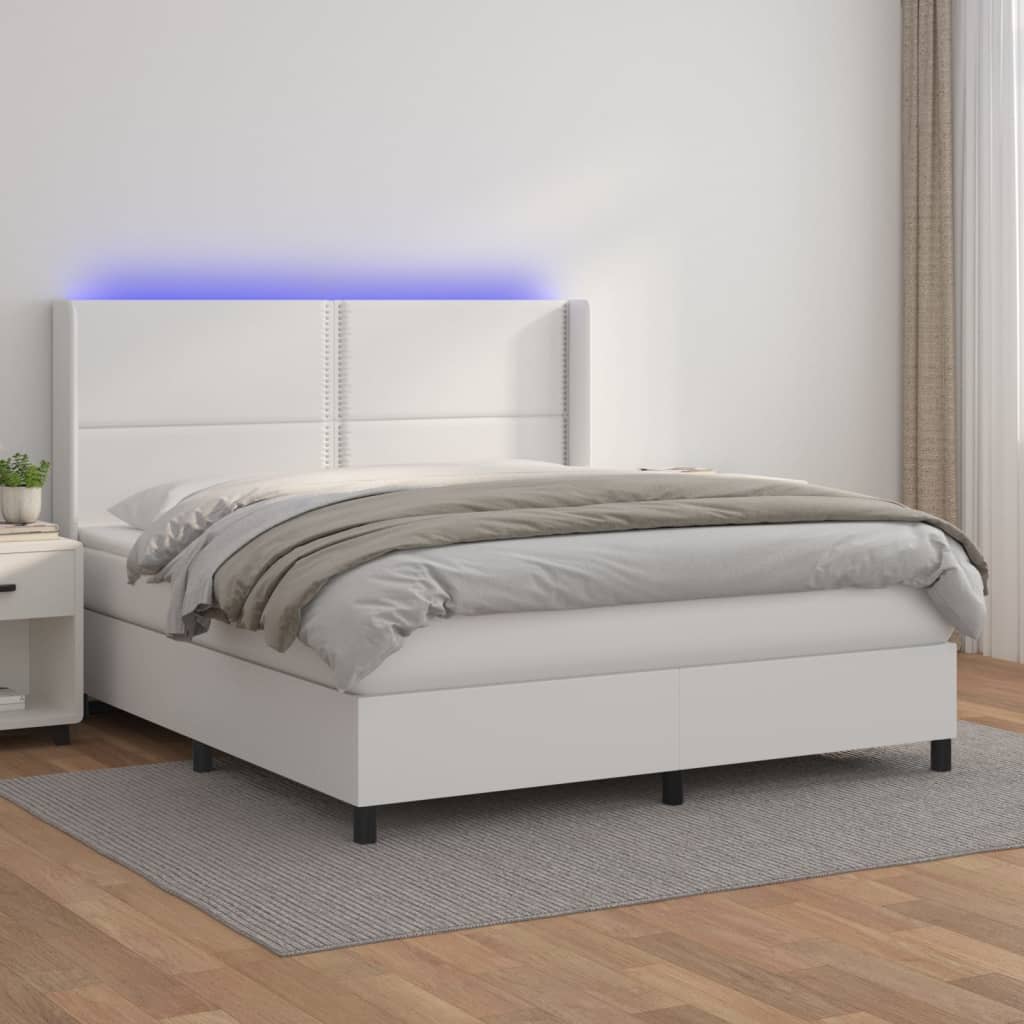 vidaXL Pat cu arcuri, saltea și LED, alb, 180x200 cm, piele ecologică