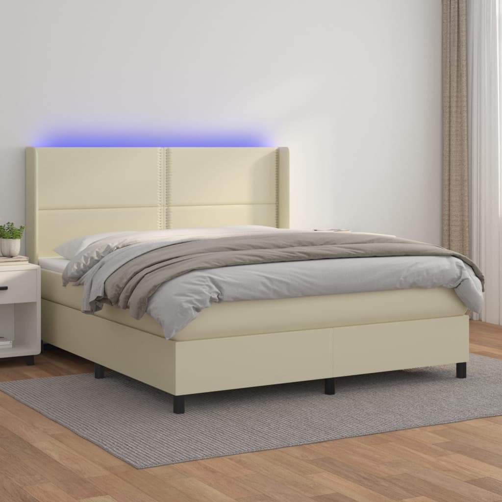 Box spring postel s matrací a LED krémová 180x200cm umělá kůže