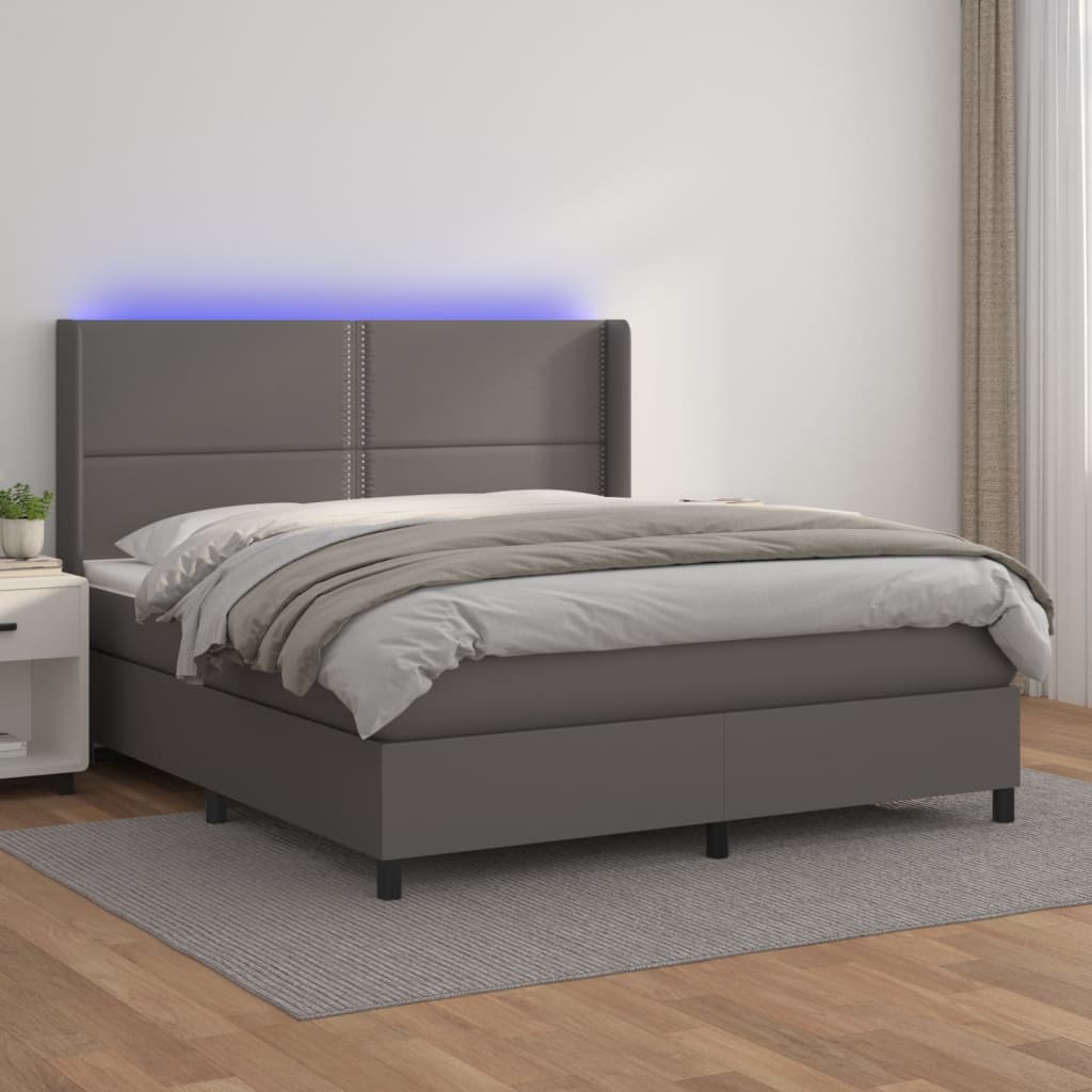 vidaXL Pat cu arcuri, saltea și LED, gri, 180x200 cm, piele ecologică