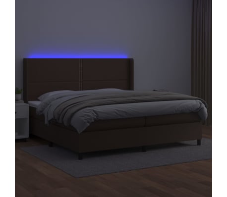 vidaXL Lova su spyruoklėmis/čiužiniu/LED, ruda, 200x200cm, netikra oda