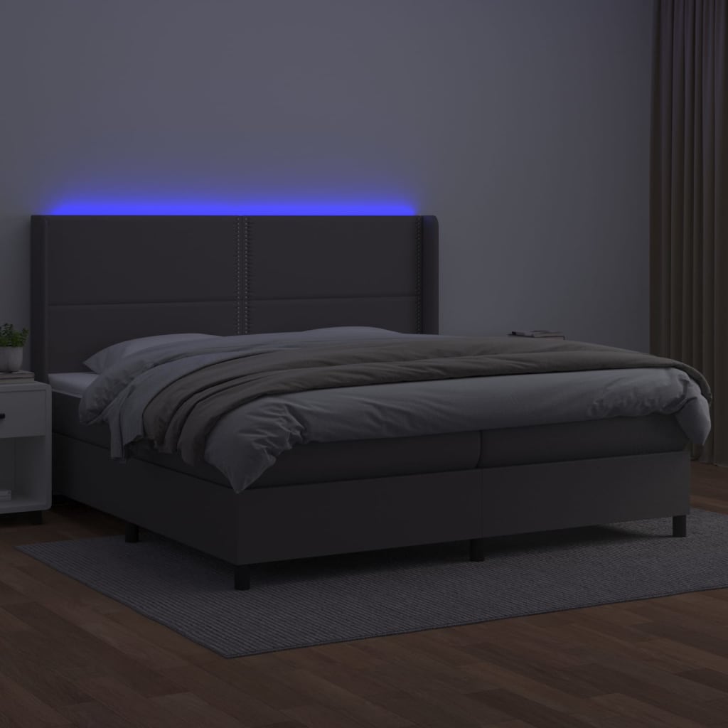 Krevet box spring s madracem LED sivi 200x200cm od umjetne kože