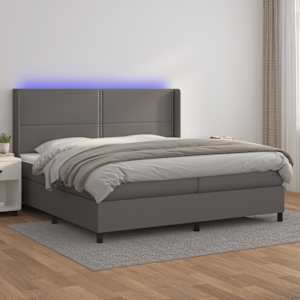 Box spring postelja z vzmetnico LED siva 200x200cm umetno usnje