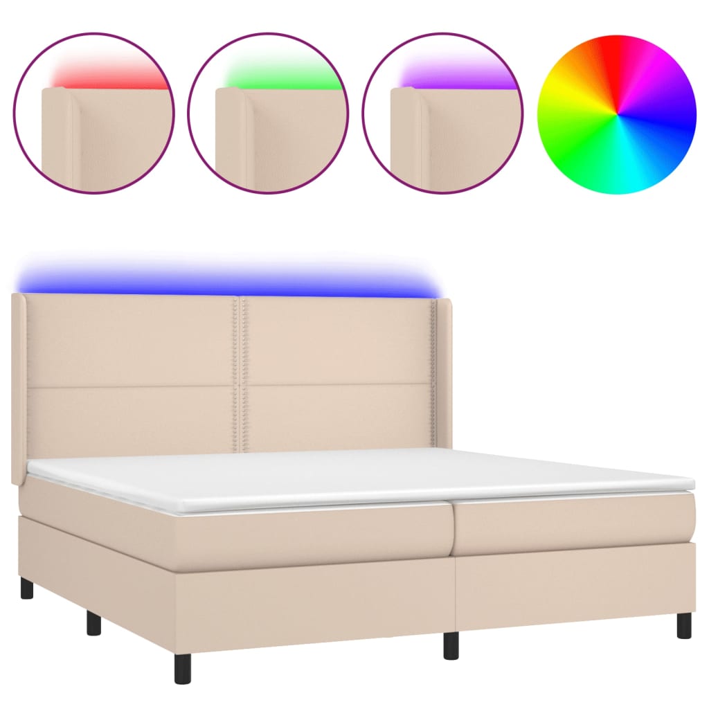 Box spring postelja vzmetnico LED kapučino 200x200 cm um. usnje