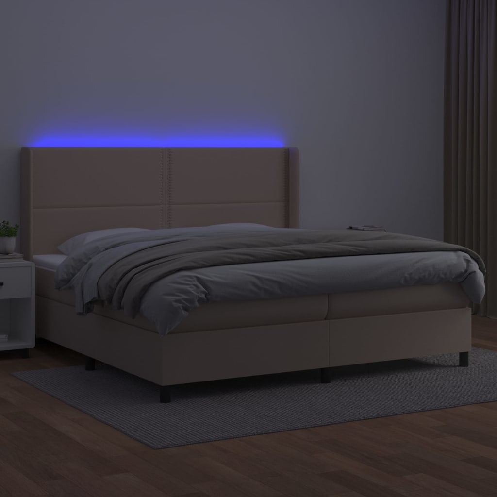 Box spring postel matrace a LED cappuccino 200x200cm umělá kůže
